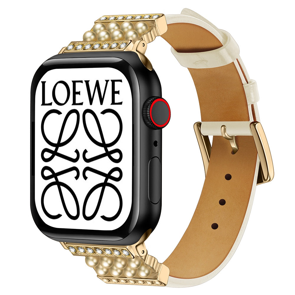 For Apple Watch Series 9 8 7 41mm 6 5 4 SE (2023) SE(2022) SE 40mm 3 2 1 38mm Genuine Leather Pearl Rhinestone Decor Watch Band Wrist Strap For Apple Watch Series 9 8 7 41mm 6 5 4 SE (2023) SE(2022) SE 40mm 3 2 1 38mm Genuine Leather Pearl Rhinestone Decor Watch Band Wrist Strap